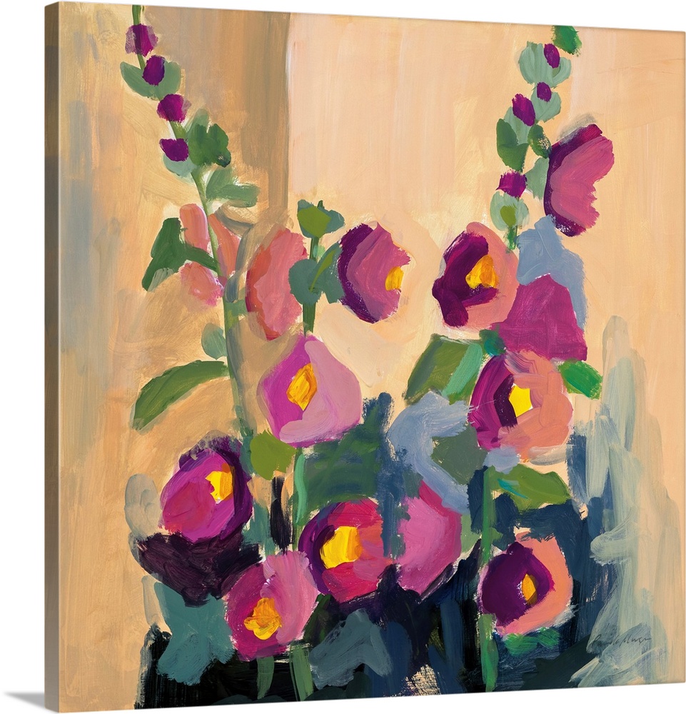 An abstracted floral painting in an impressionist style - simple blocks of pink and orange make up the tall stems of flowe...
