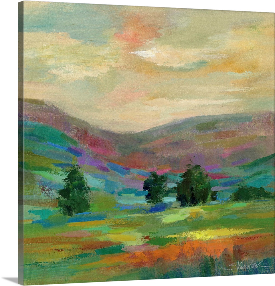 Contemporary artwork of a hilly landscape with a few trees.