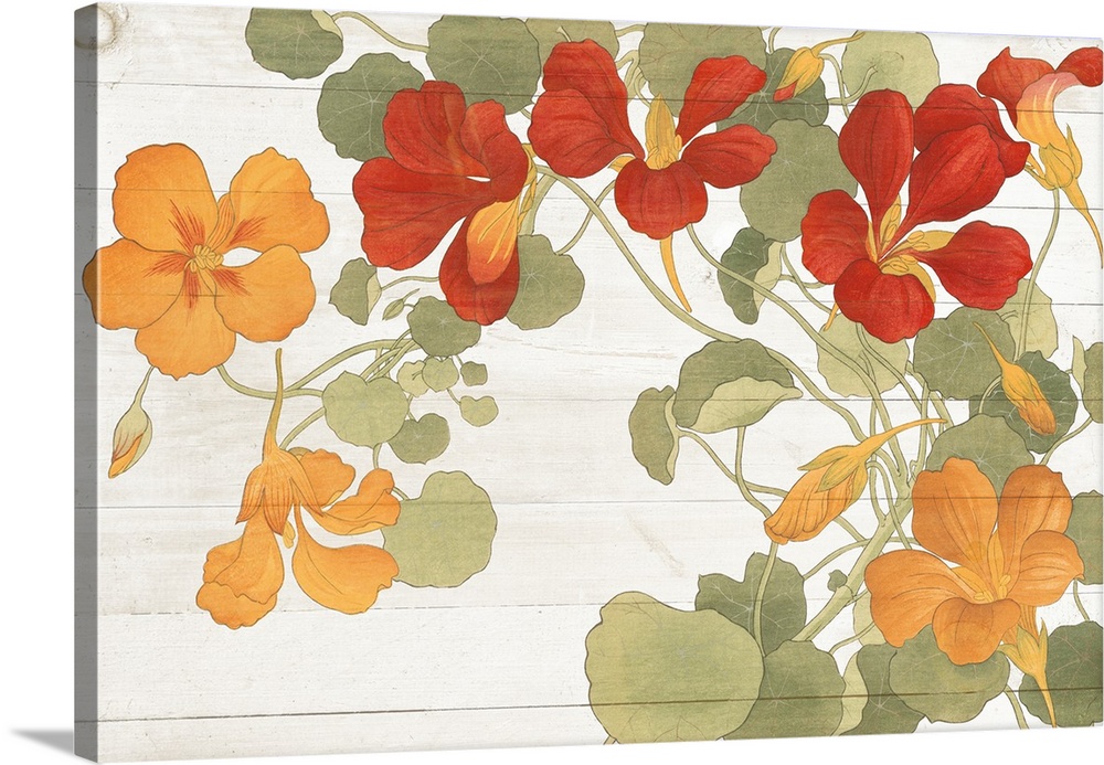 Large contemporary painting of orange and red flowers with muted green leaves on a white wood panel background.