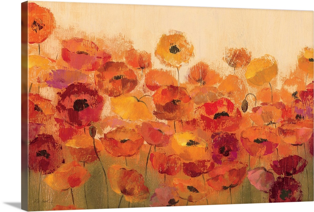 Large painting of poppy flowers in bloom. The poppies are depicted in vibrant, warm tones.