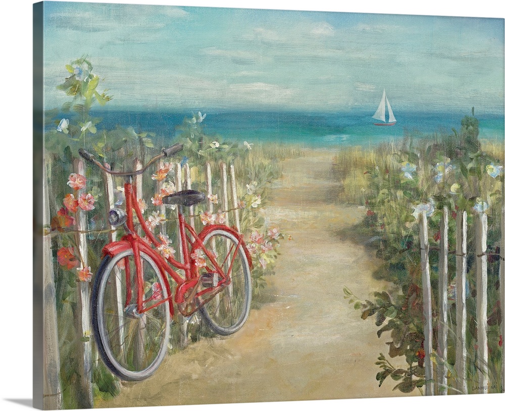Huge contemporary art depicts a path leading to a beach that is lined with lush vegetation and a bicycle resting against a...