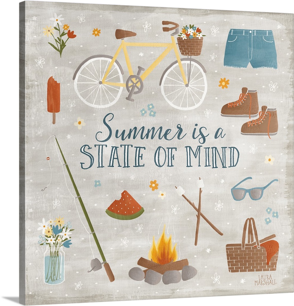 "Summer is a State of Mind" square Summer decor with Summer activity illustrations.