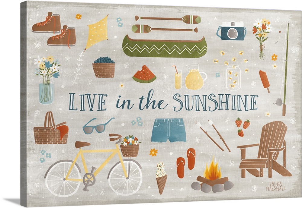"Live in the Sunshine" large Summer/Spring decor with illustrations of outdoor activities.