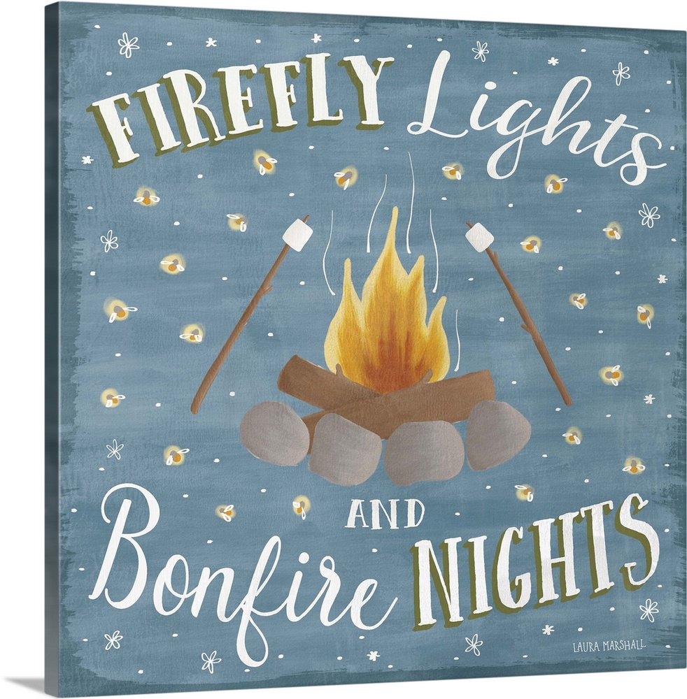 "Firefly Lights and Bonfire Nights" square Summer decor with an illustration of a fire pit with roasting marshmallows and ...