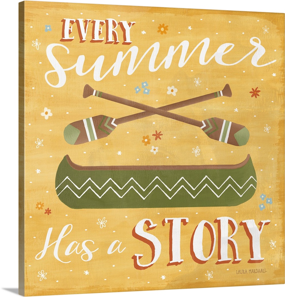 "Every Summer Has a Story" square Summer decor with an illustration of a canoe with paddles and a floral background.