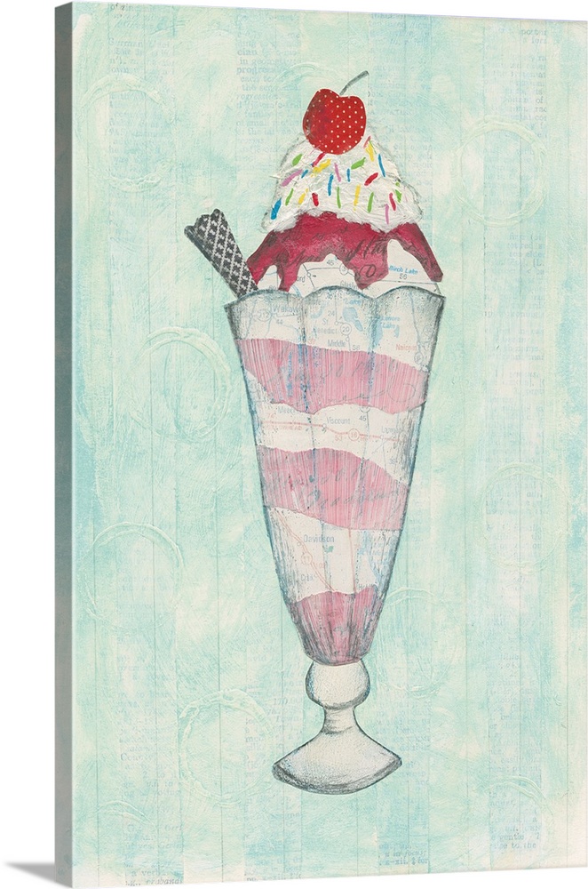 Cute painting of ice cream in a tall glass with a cherry on top.