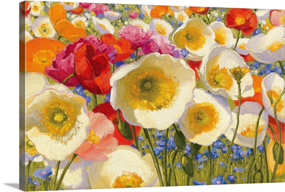 Close up nature painting of different floral plants and poppies. Horizontal wall art for the living room or kitchen.