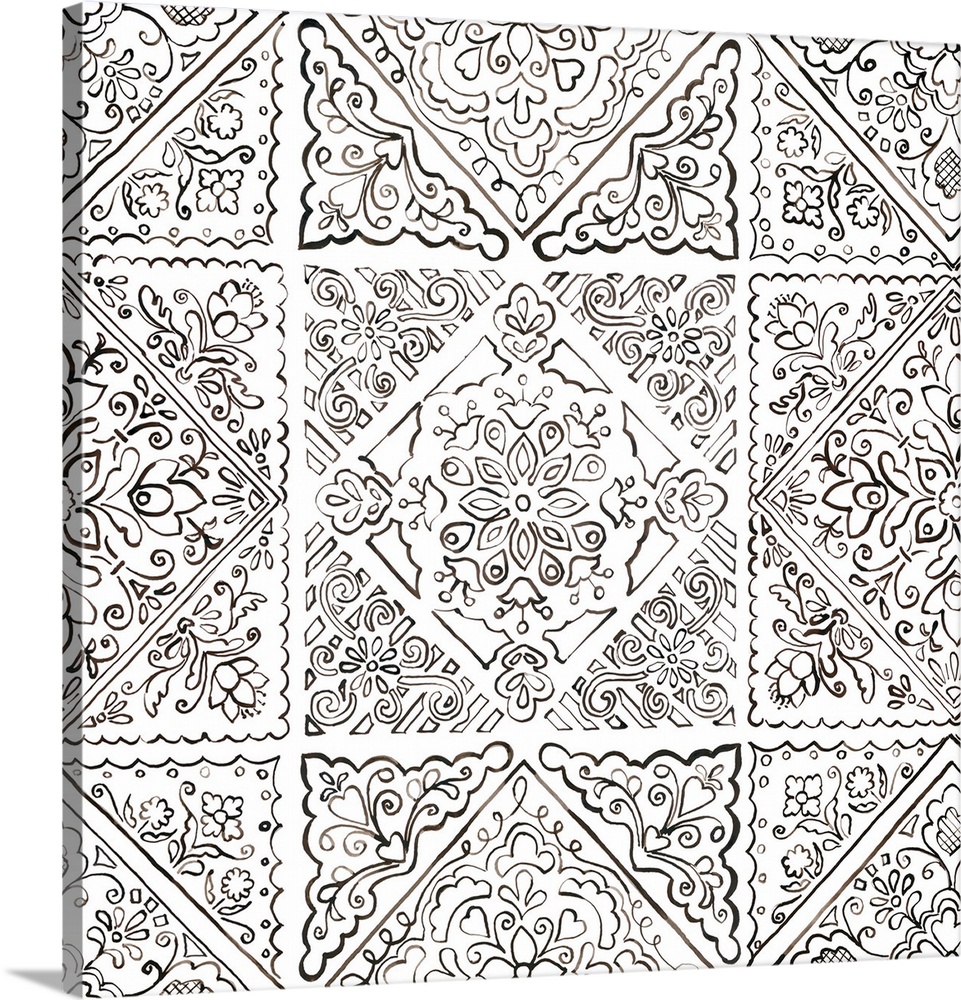 A square decorative image of black and white floral designs in a tile pattern.