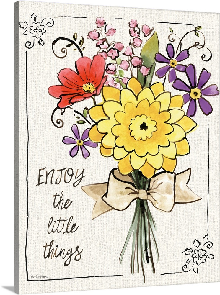 "Enjoy The Little Things" written on the side of a colorful bouquet of flowers.