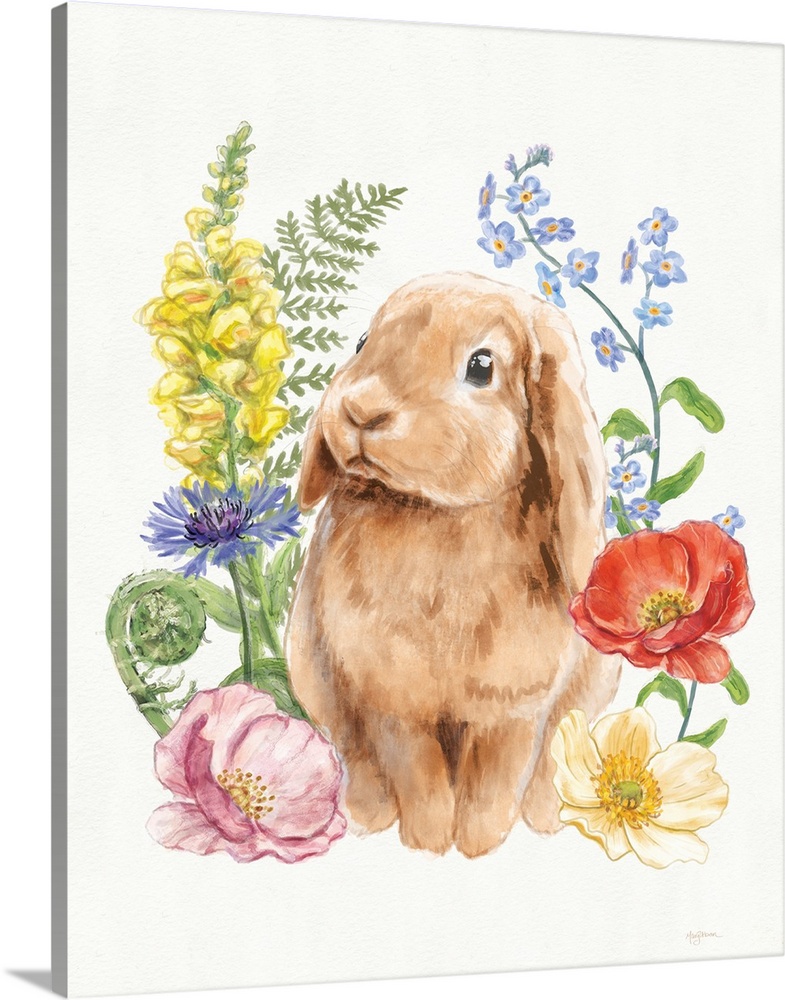 Spring watercolor decor with cute brown bunny surrounded by wildflowers.