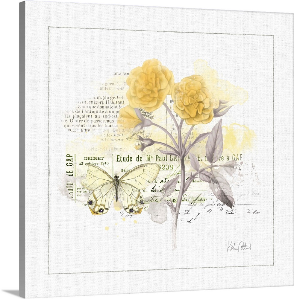Square watercolor painting with a yellow butterfly and flowers and a collage of black text and postage stamps in the backg...