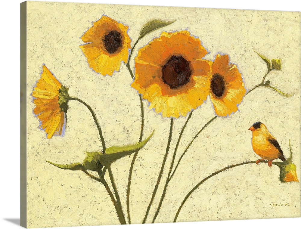 Contemporary painting of bright yellow flowers against a beige background.