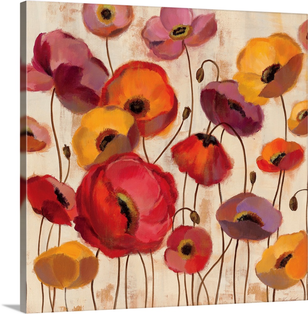 Big canvas painting of various summer colored flowers on a textured background.