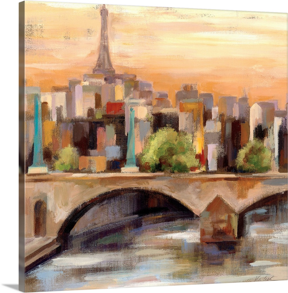 Contemporary painting of a city skyline with a bridge in the foreground.