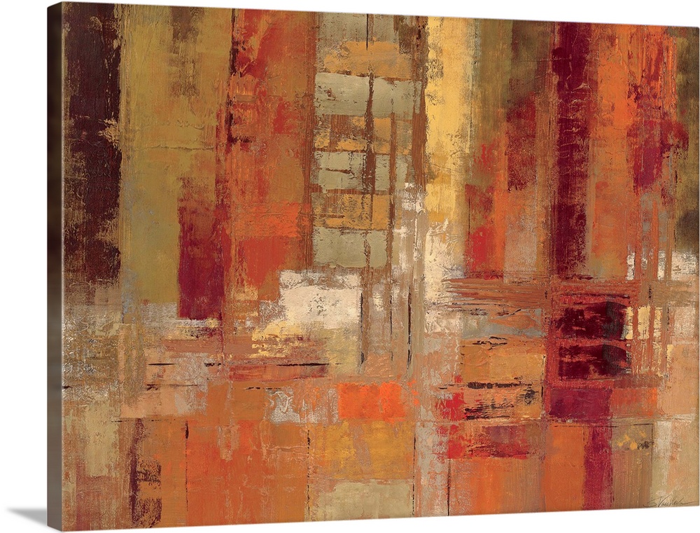 Horizontal contemporary painting on a large canvas of patchy rectangular shapes in horizontal and vertical patterns, overl...