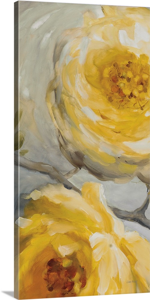 Vertical contemporary painting of large yellow flowers against a gray backdrop.