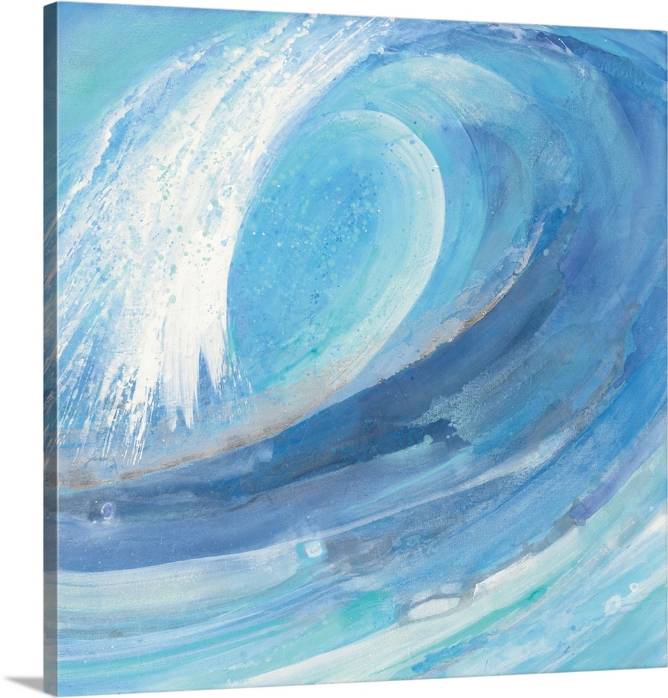 A painting of a blue ocean wave curling in on itself.