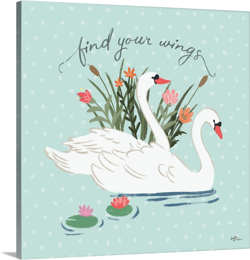 Decorative artwork of a group of white swans on a mint background with white spots and the text "Find your wings."