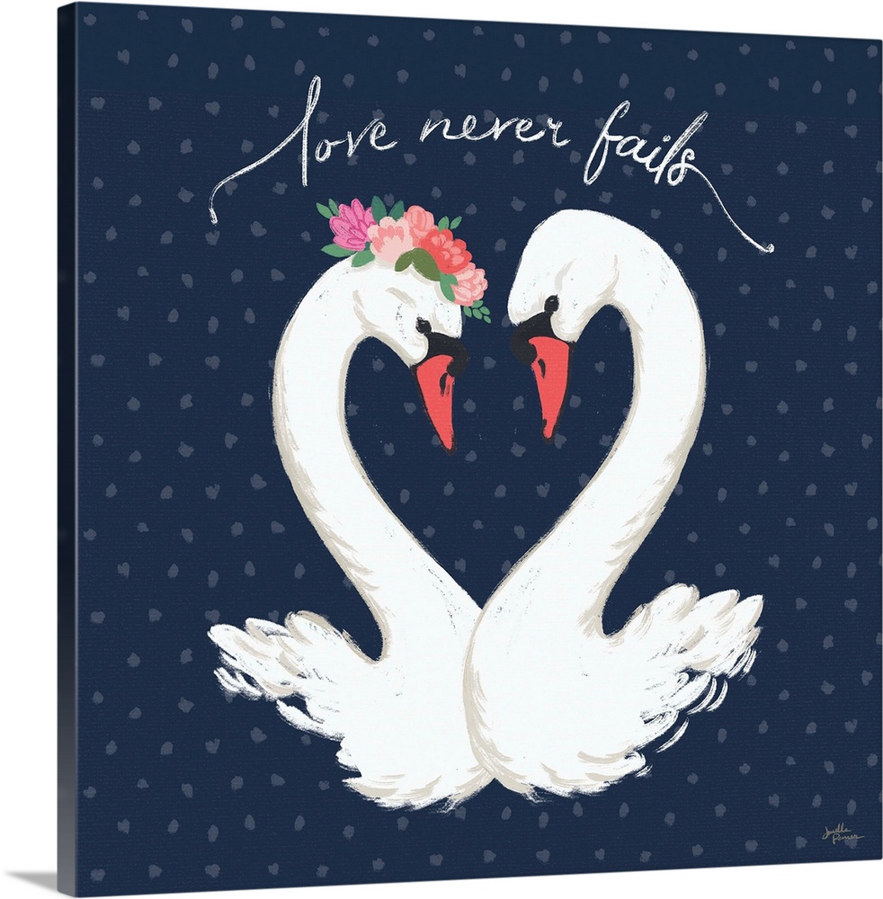 Decorative artwork of a group of white swans on a navy background with spots and the text "Love never fails."