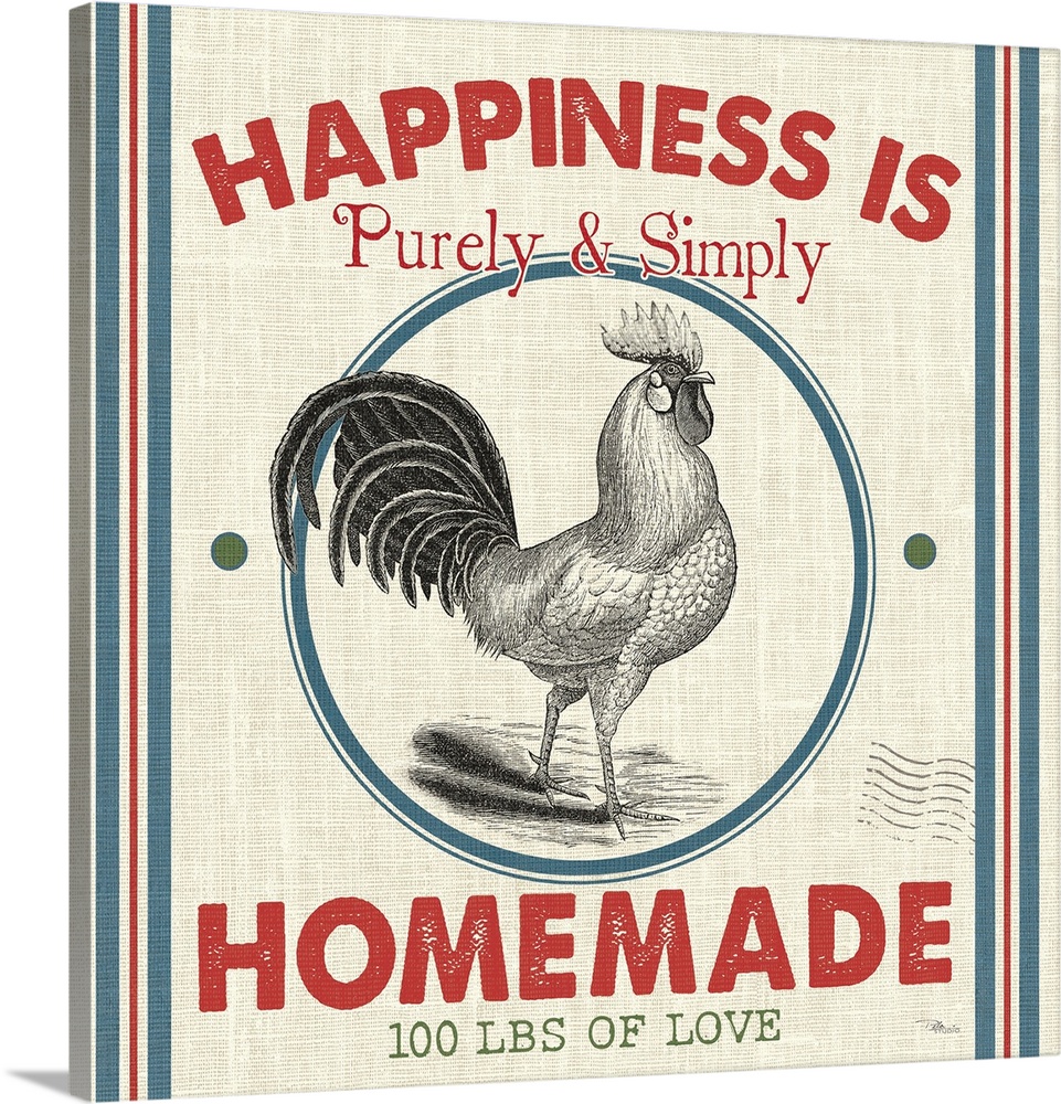 A square decorative design resembling a vintage feed sack with an illustration of a rooster and the text "Happiness Is Pur...