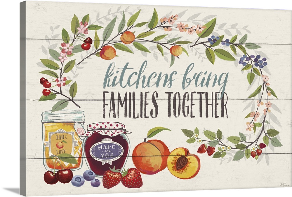 "Kitchens Bring Families Together" with peaches, blueberries, strawberries, and cherries.