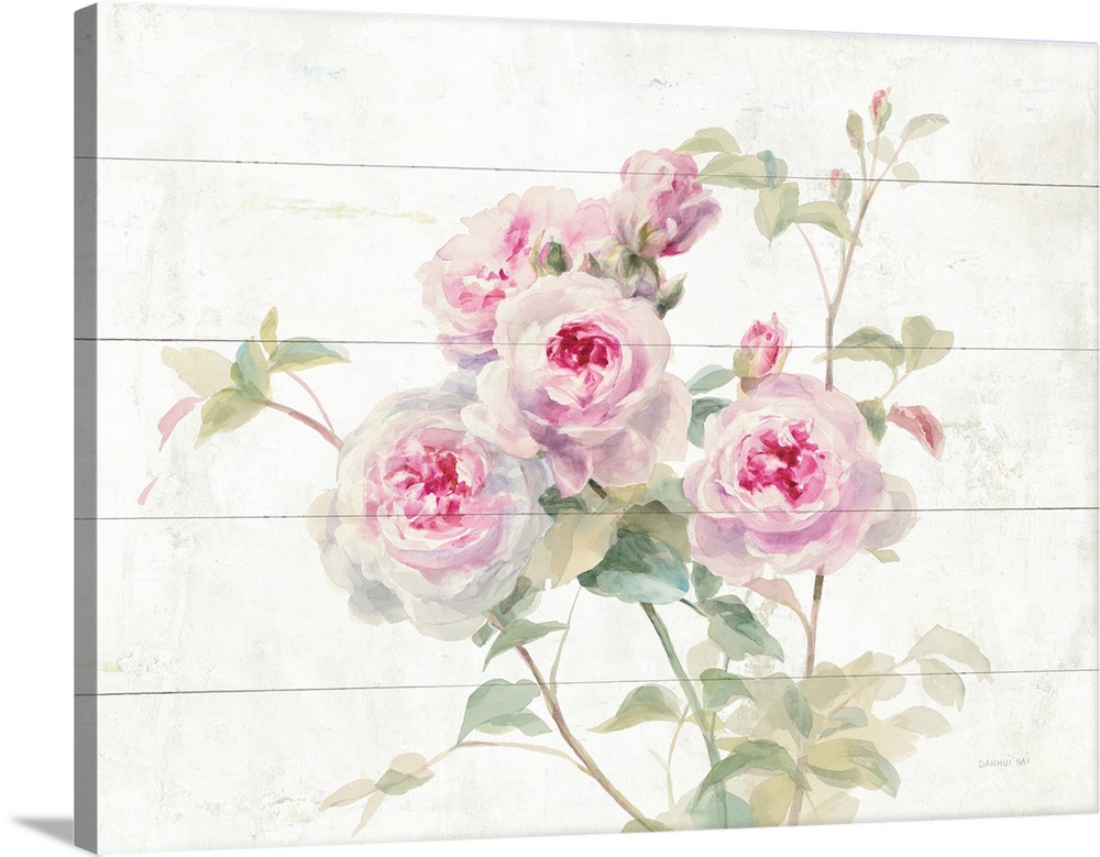 Decorative artwork featuring romantic watercolor roses over white wood boards.