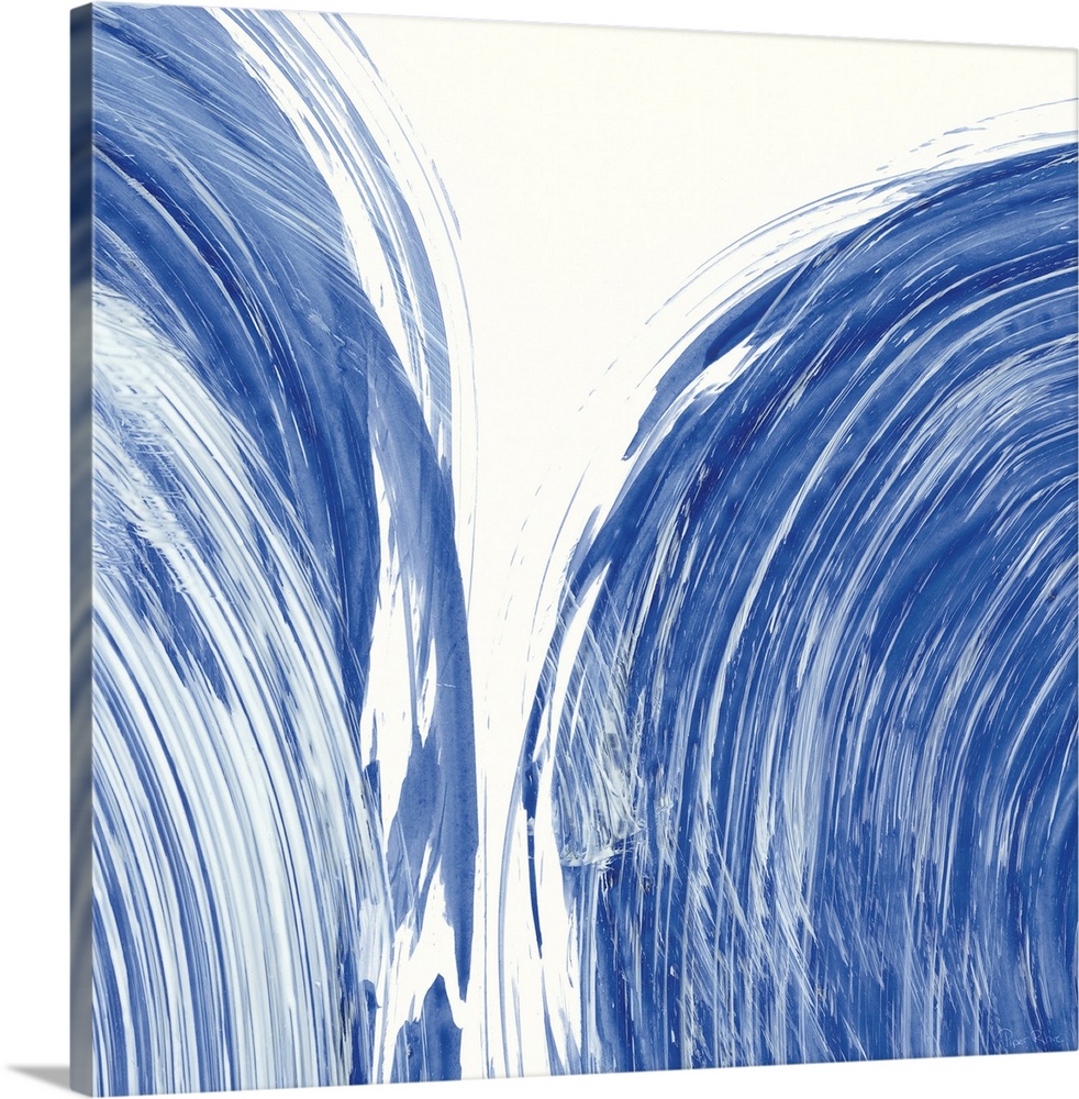 Large square abstract painting of bold blue brush strokes in curved lines.