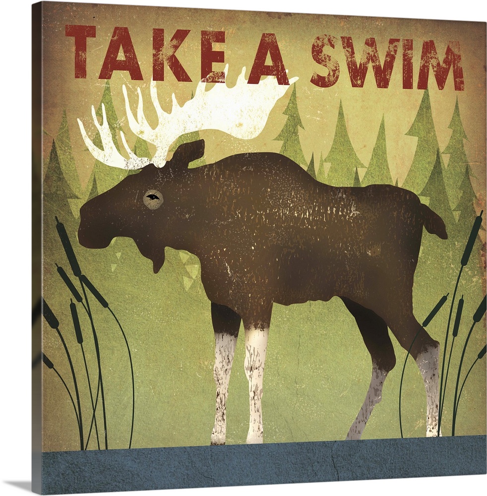 Contemporary cabin decor artwork of a moose sign for swimming.