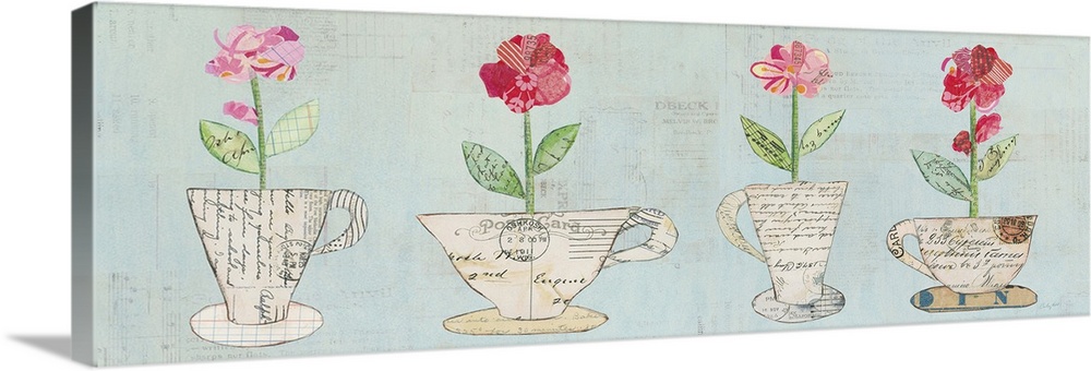Wide rectangular decorative artwork with teacups and coffee mugs that have flowers inside them created with mixed media.