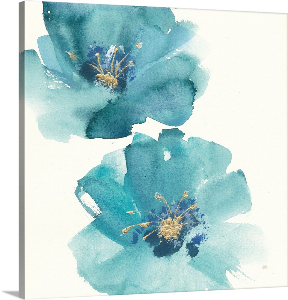 Large square contemporary painting of teal flowers with accents of gold.