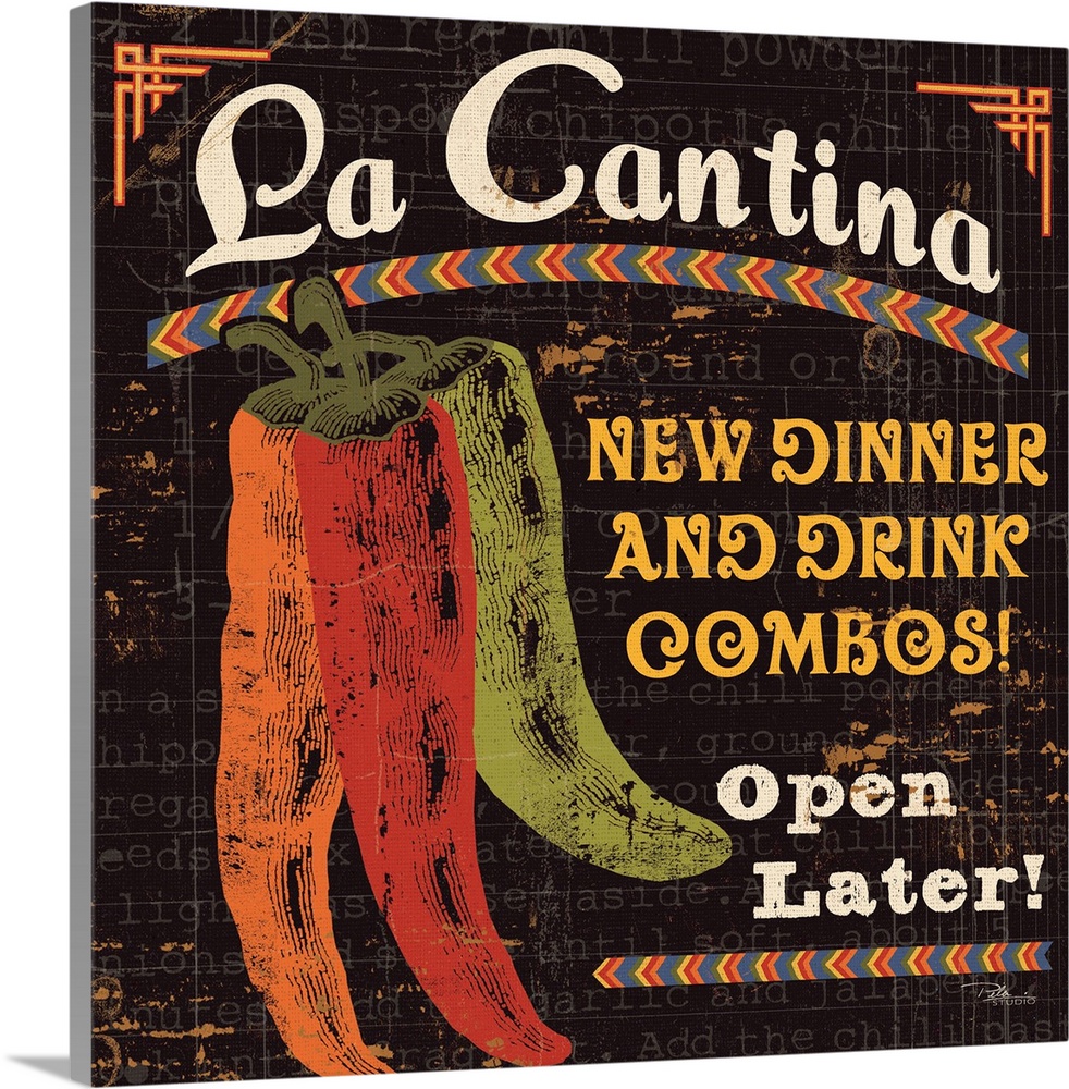 Contemporary artwork of a rustic looking food sign with chili peppers to the left of the image, and text all around.