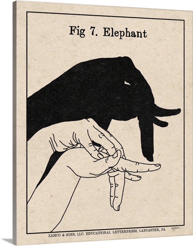 Instructional illustration of an elephant hand shadow puppet.