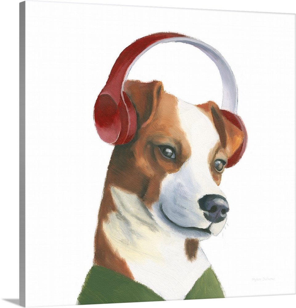 Square painting of a Jack Russel wearing red headphones and a green sweater.