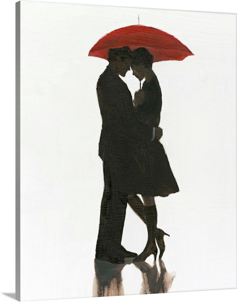 Image of a man and woman embracing under a red umbrella with a brush textured overlay.