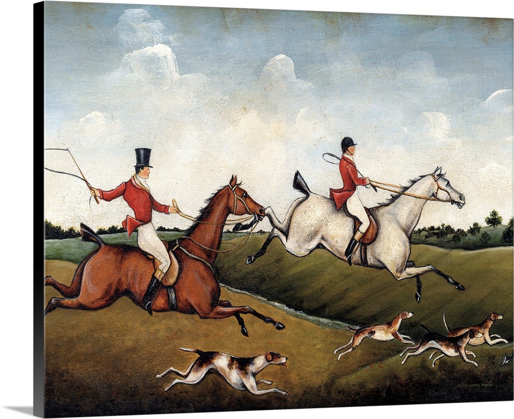 A contemporary painting of an English fox hunt with a distressed appearance.