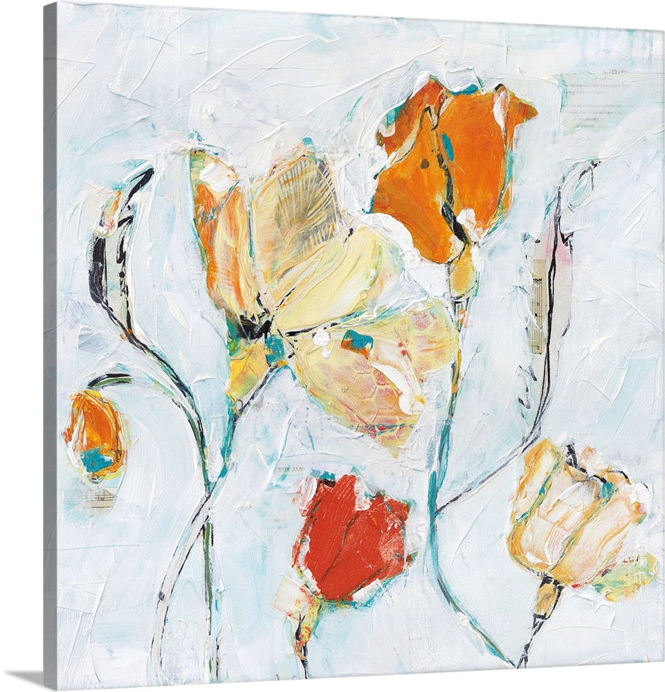 Contemporary painting of a orange and cream colored flowers.