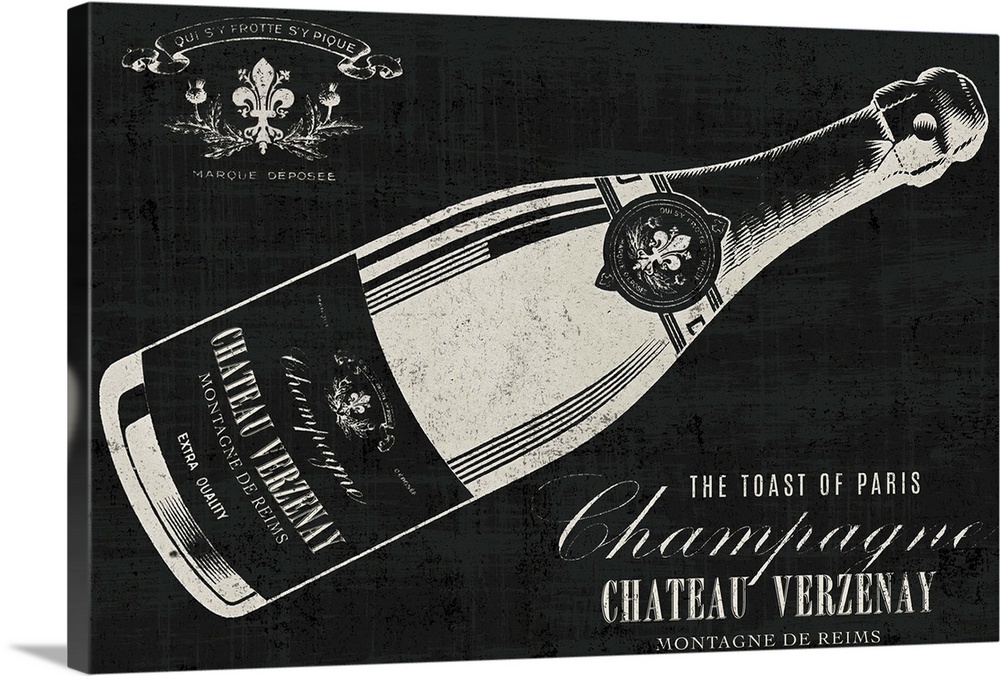Contemporary artwork of a champagne bottle against a black background.