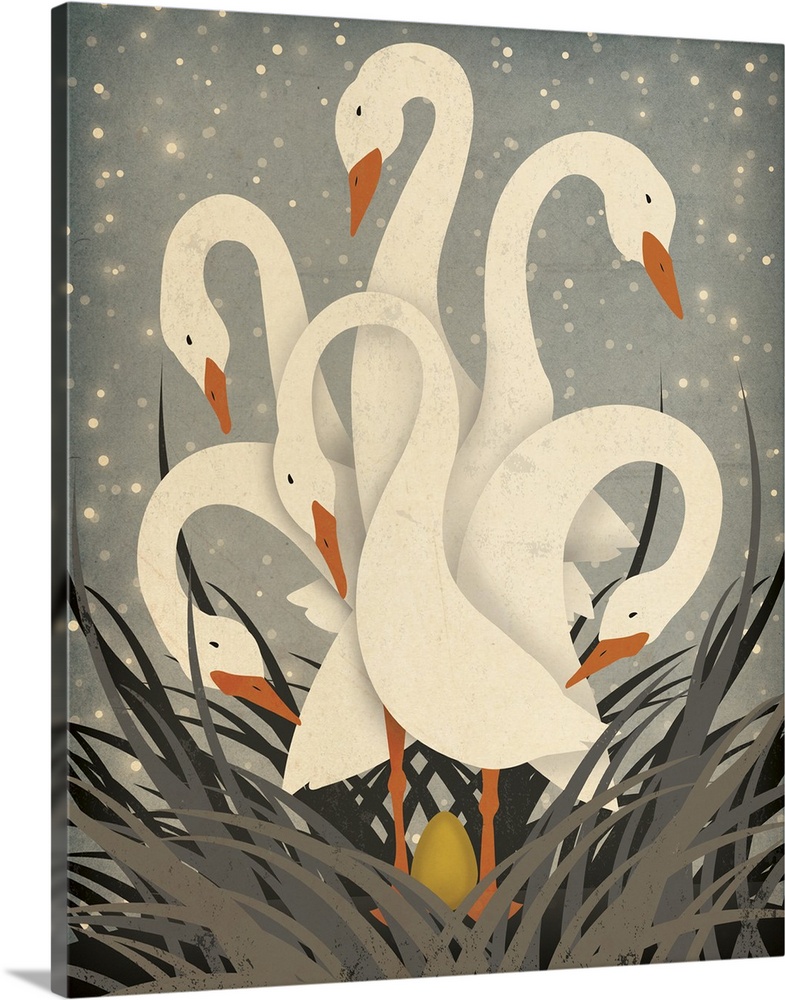A heartwarming modern folk-art image of six white geese all looking at a golden egg in the nest beneath them - a modern in...