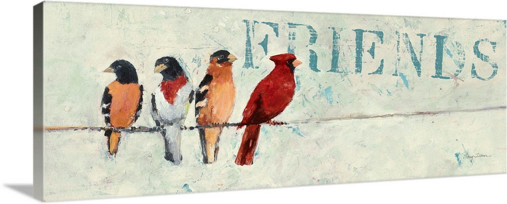 Contemporary painting of garden birds sitting a wire, with the word "Friends" in the background.