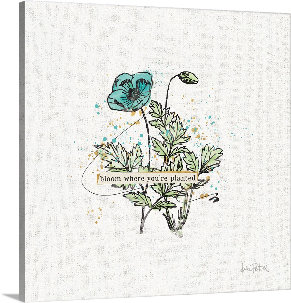 Decorative artwork featuring a teal illustrated flower against a white textured background with the words, 'bloom where yo...