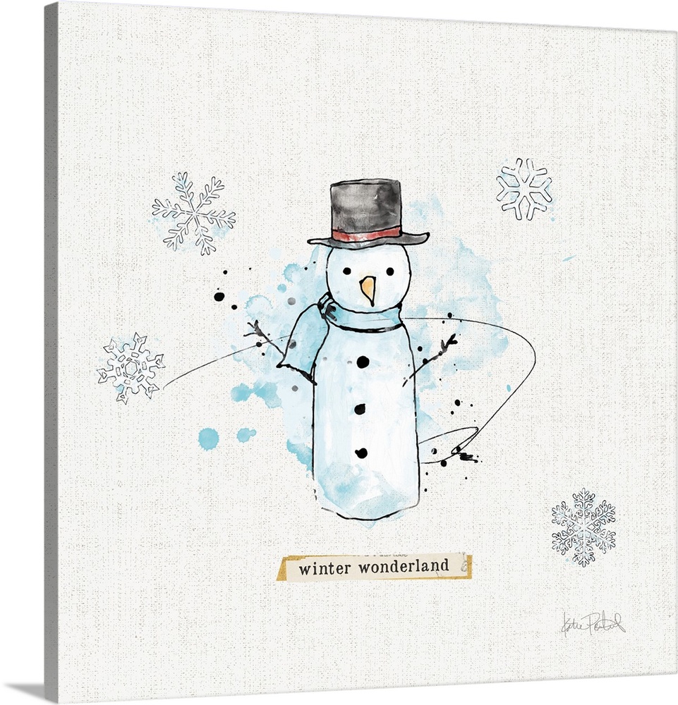 Decorative artwork of a snowman with the text "winter wonderland" and a neutral linen textured background.