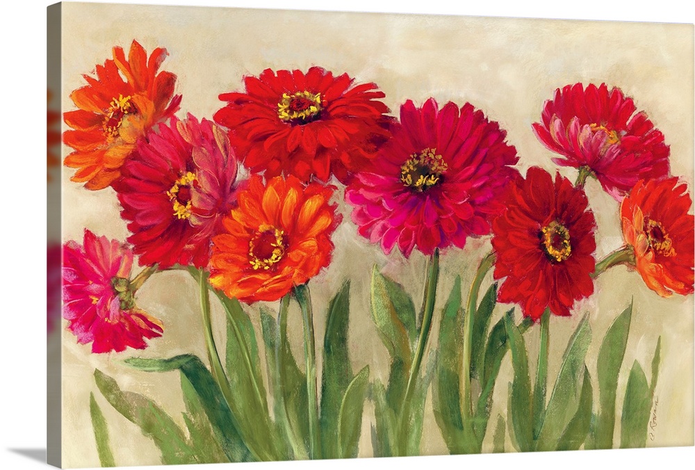 Giant floral art shows an arrangement of nine vividly colored daisies positioned in front of a bare background.