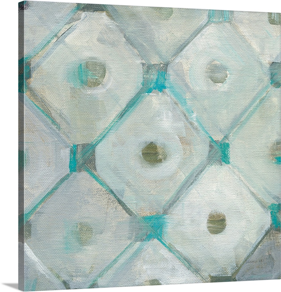 Square abstract painting of a tiled design made up of squares and circles with gray and teal hues.