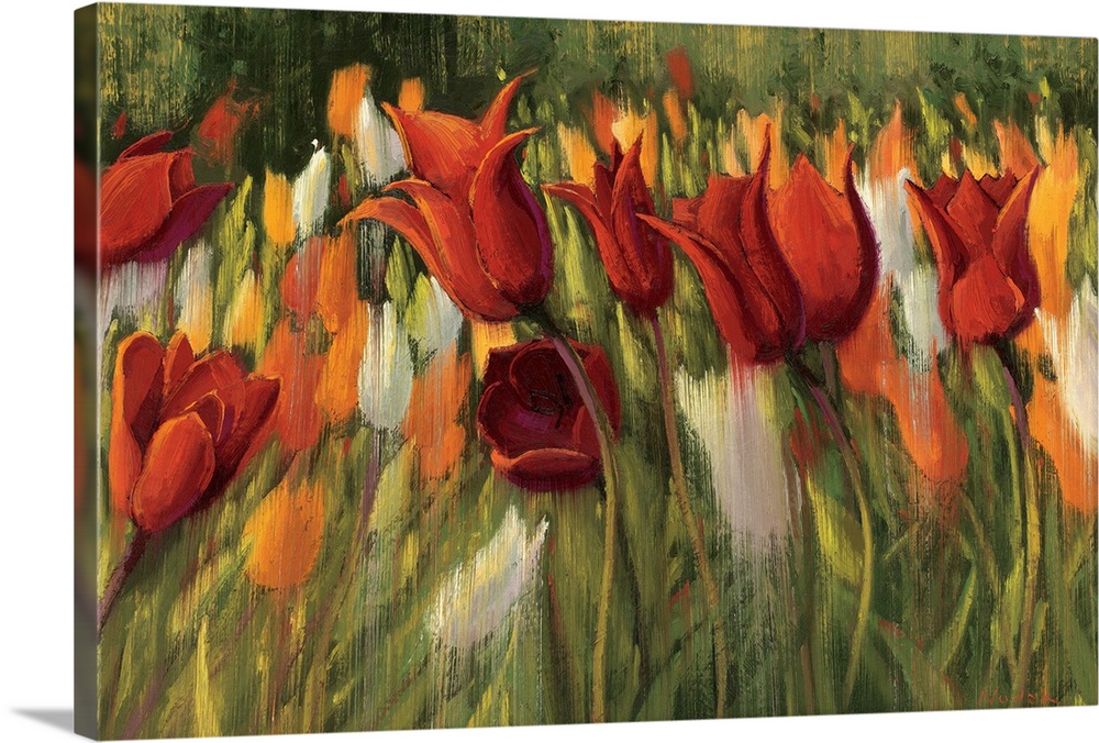 Realistically painted flowers crowd the canvas in this contemporary, horizontal painting.