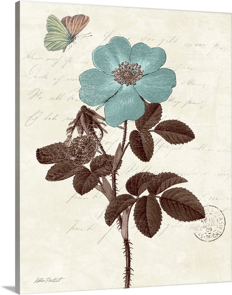 Contemporary artwork of a blue flower against a rustic background with text.