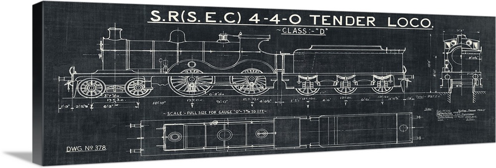 Vintage stylized blueprint of a train displaying top side and front view.