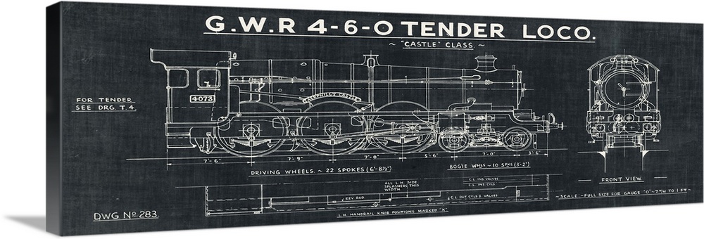 Vintage stylized blueprint of a train displaying side and front view.