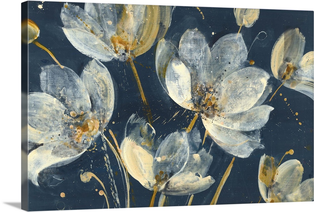 Large abstract painting of white and gold flowers on a dark blue background.