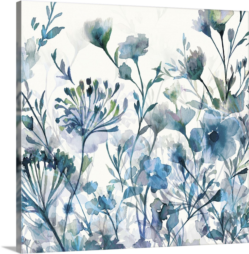 Image of several watercolor flowers in cool blue and green tones.