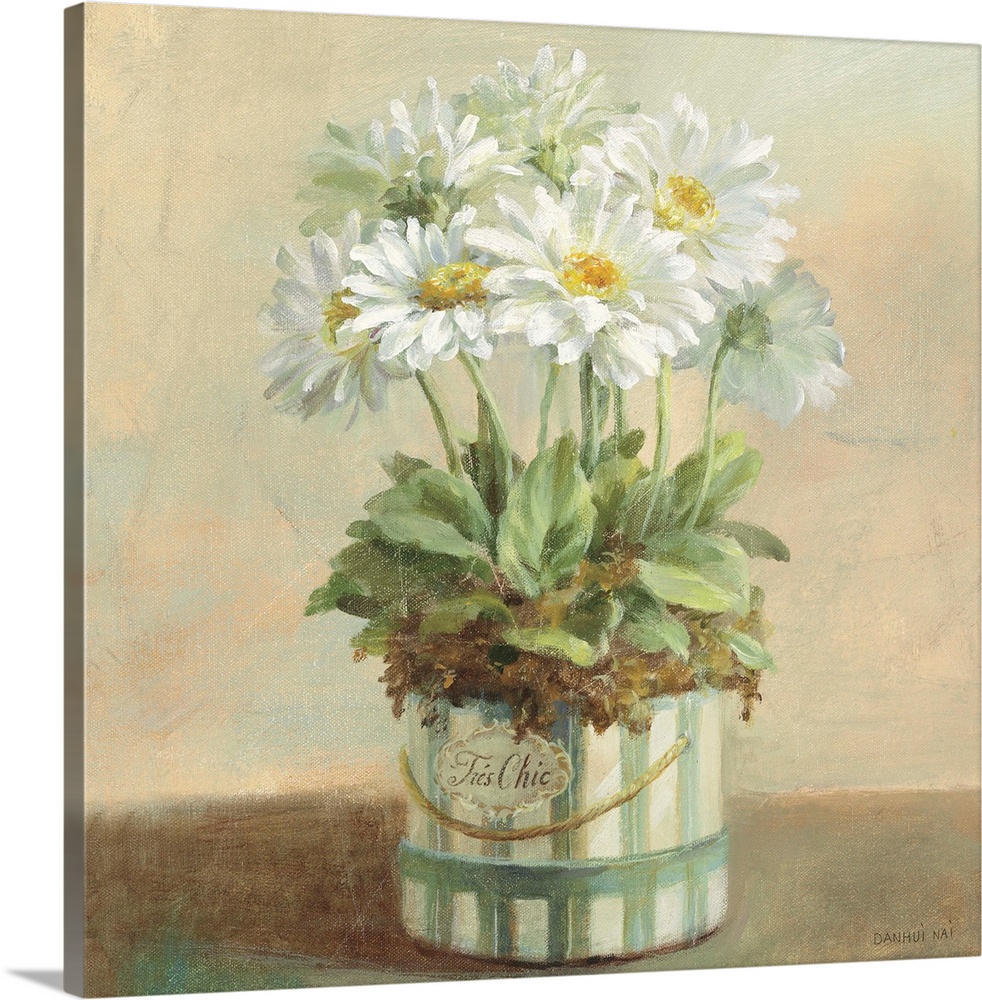 Contemporary painting of white flowers in a planter sitting on a table.